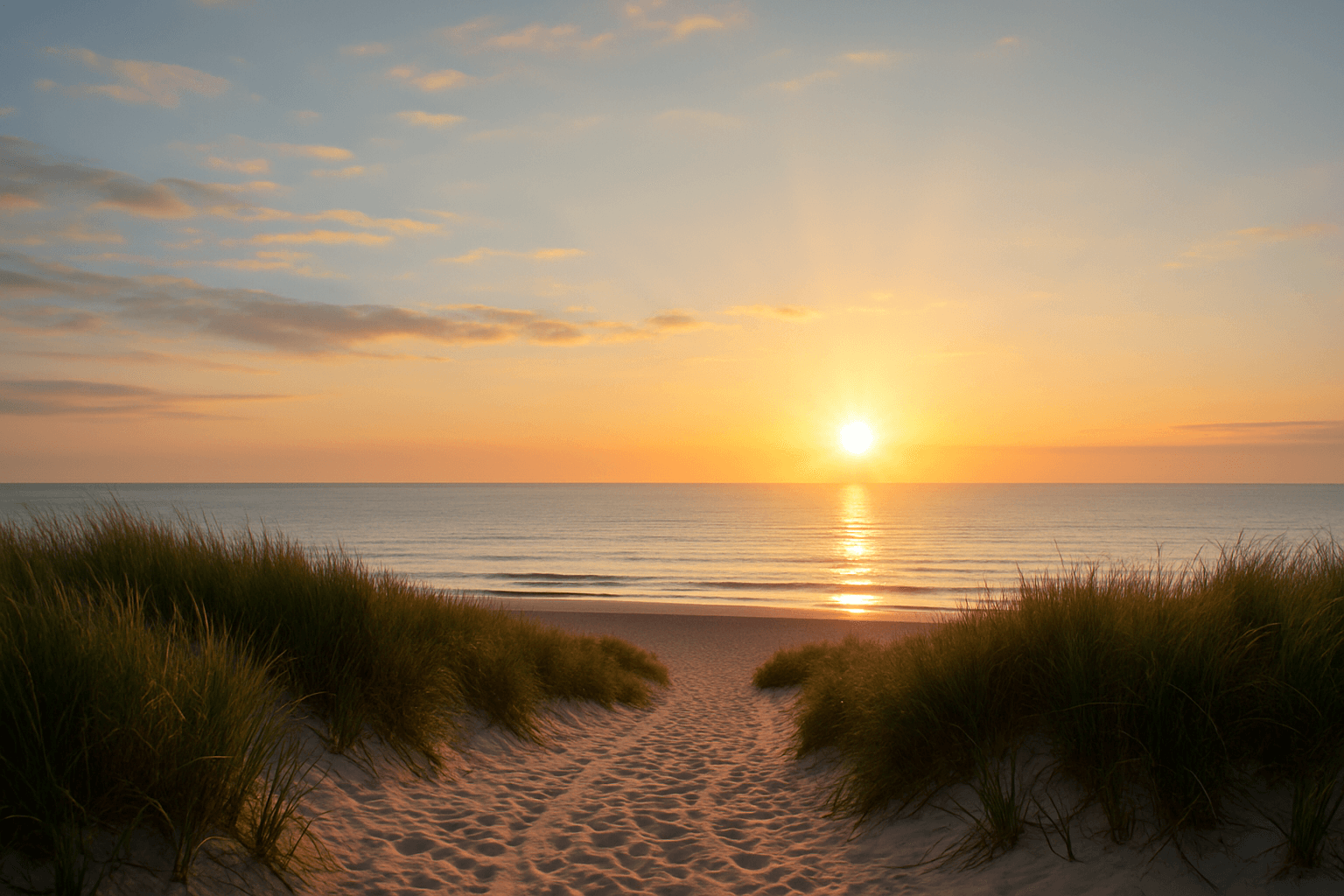 Wschód słońca nad spokojnym morzem, widok z piaszczystej plaży otoczonej wydmami i zieloną trawą – symbol nowego początku i nadziei po terapii uzależnień. Przeciwdziałanie nawrotom uzależnień w ESC/
