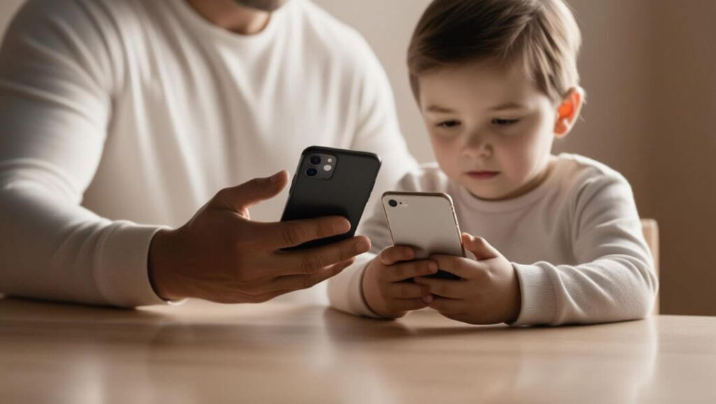 Rodzic i dziecko przy stole, każde wpatrzone w telefon. Jak dopamina i technologia zmieniają rodzicielstwo?