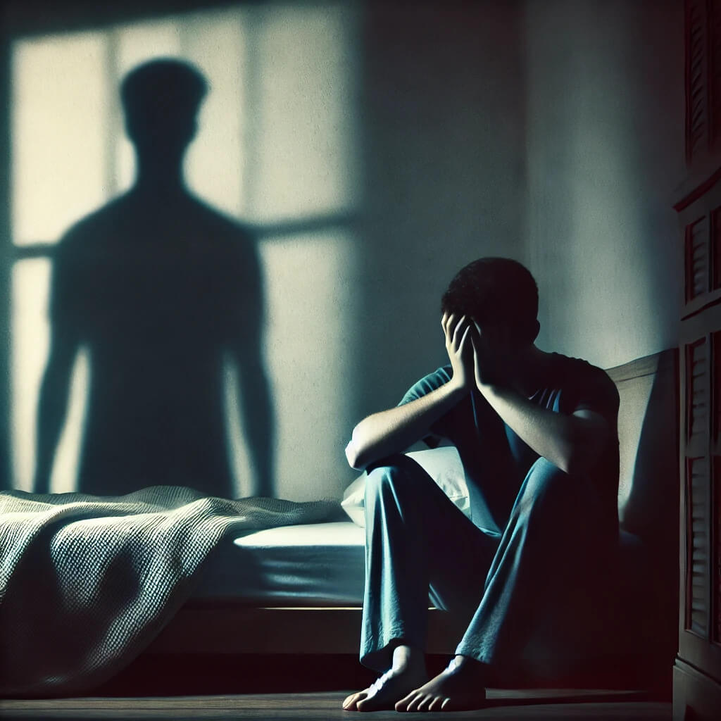 Mężczyzna siedzący na podłodze w cieniu, pogrążony w lęku -metafora psychicznego bólu i uzależnienia.