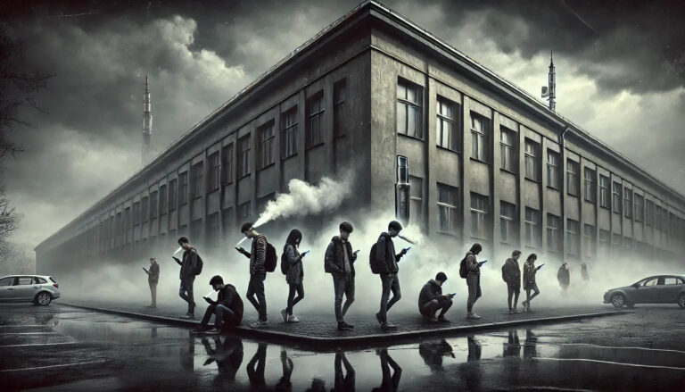 Grupa młodzieży w szkolnym otoczeniu używa e-papierosów, otoczona mgłą - symbol rosnącego uzależnienia.