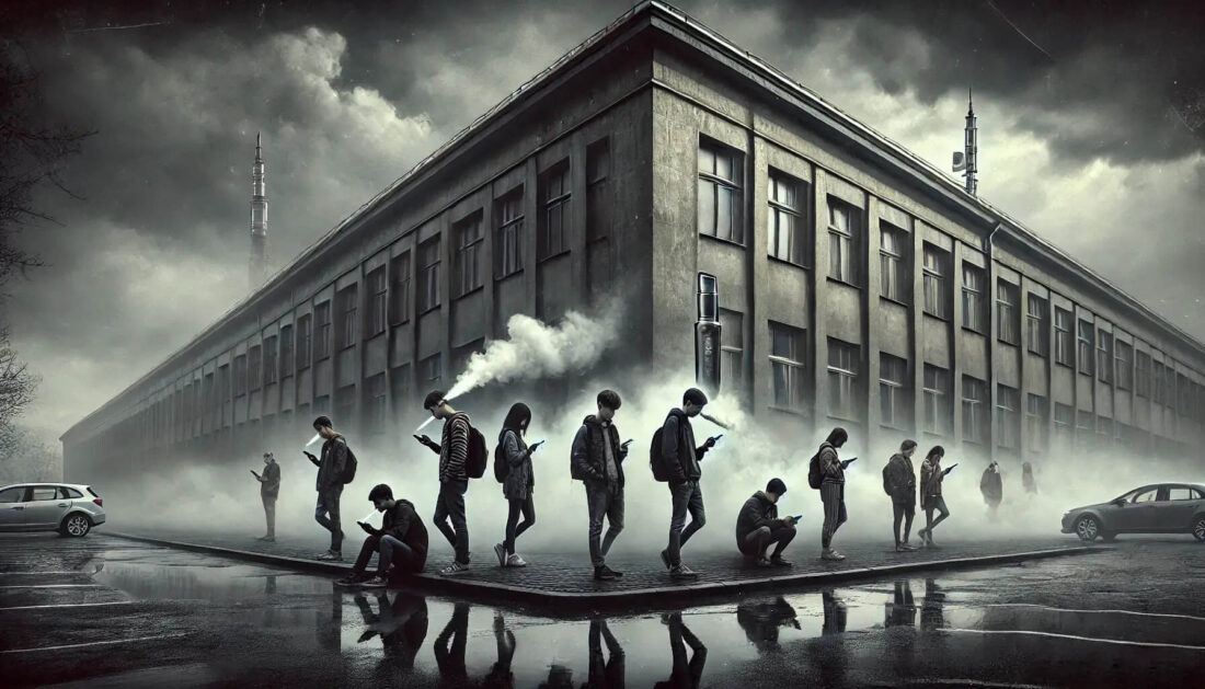 Grupa młodzieży w szkolnym otoczeniu używa e-papierosów, otoczona mgłą - symbol rosnącego uzależnienia.