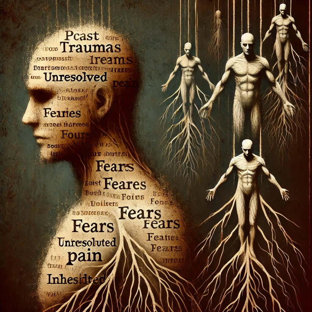 Sylwetka człowieka z napisami „trauma”, „lęk”, „ból” – graficzne przedstawienie cierpienia psychicznego.