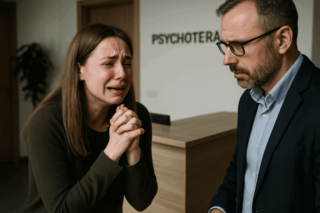 Kobieta w kryzysie emocjonalnym rozmawiająca z terapeutą – moment bezsilności i decyzji o terapii.