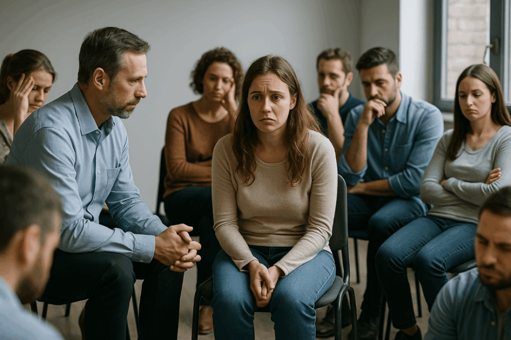 Kobieta w trakcie sesji terapii grupowej. Emocjonalna konfrontacja i chwila przełomu.