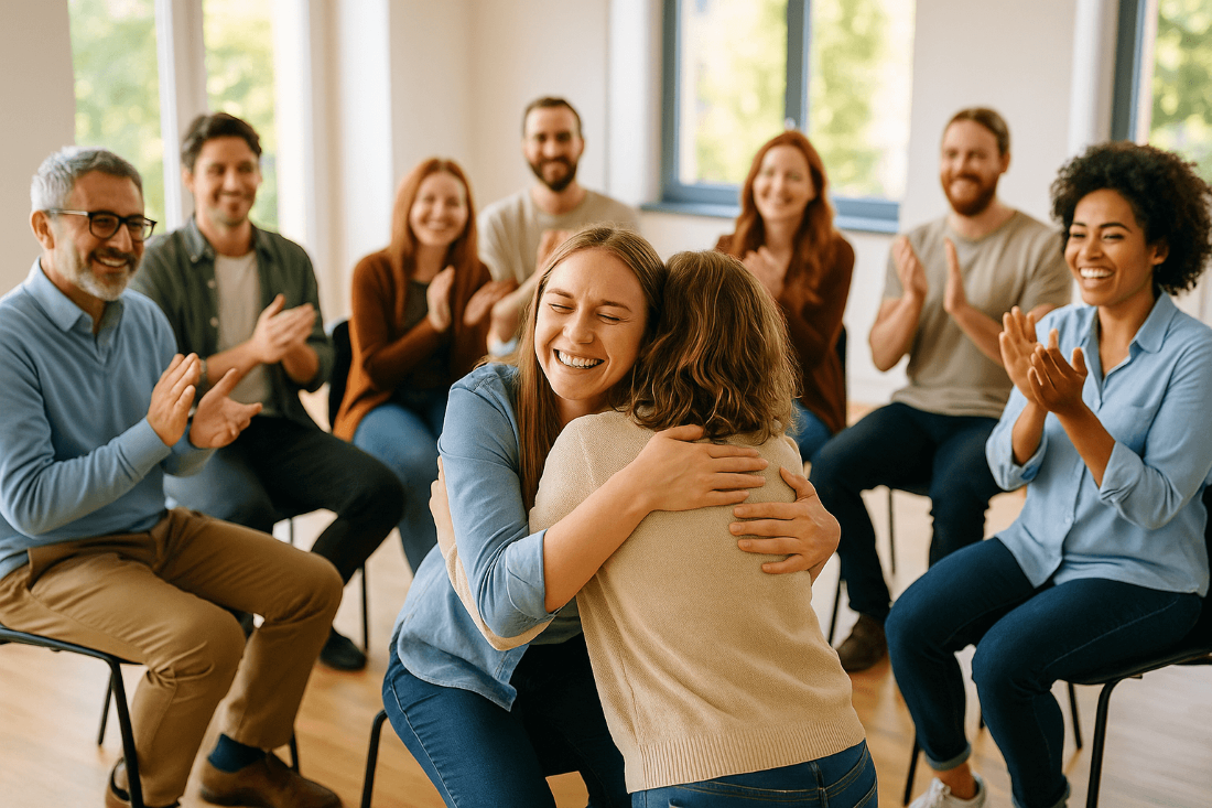 Kobieta otrzymuje wsparcie i uścisk w grupie terapeutycznej. To symbol nadziei i postępu i determinacja.