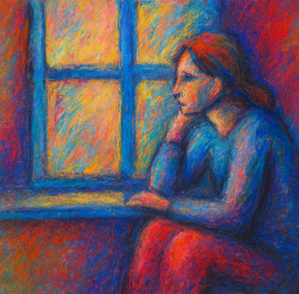 Kobieta pogrążona w smutku siedzi samotnie przy oknie.