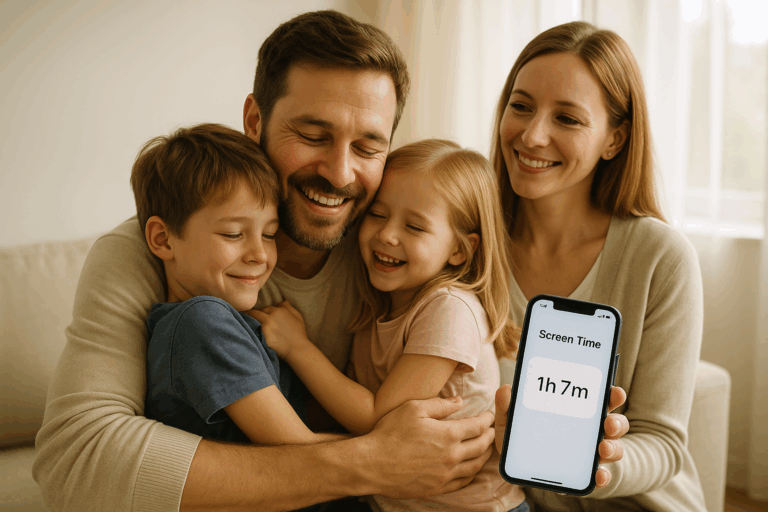 Szczęśliwa rodzina po redukcji screentime – uzależnienie od smartfona pokonane. Terapia e-uzależnieć Ośordek ESC Warszawa