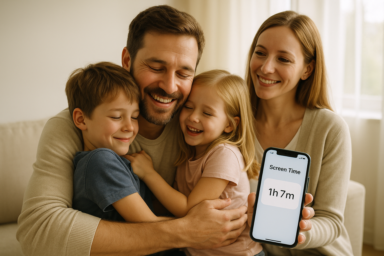 Szczęśliwa rodzina po redukcji screentime – uzależnienie od smartfona pokonane. Terapia e-uzależnieć Ośordek ESC Warszawa