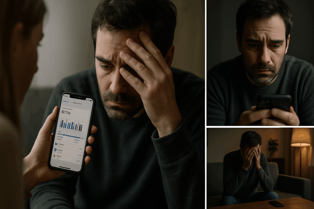 Mężczyzna z objawami uzależnienia od smartfona – screentime, uzależnienie, smartfon