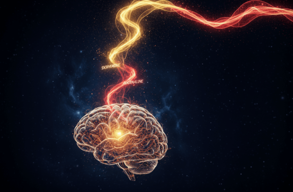 Ilustracja mózgu i wyrzutu dopaminy (żółta) i adrenaliny (czerwona) jako symbol uzależnienia od emocji (Adopaminin)