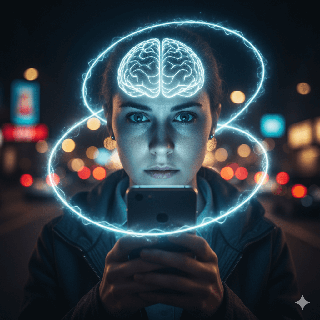 Osoba uzależniona od telefonu w pętli dopaminy (Adopaminin). Ilustracja uzależnienia od mediów społecznościowych - ESC Ośrodek