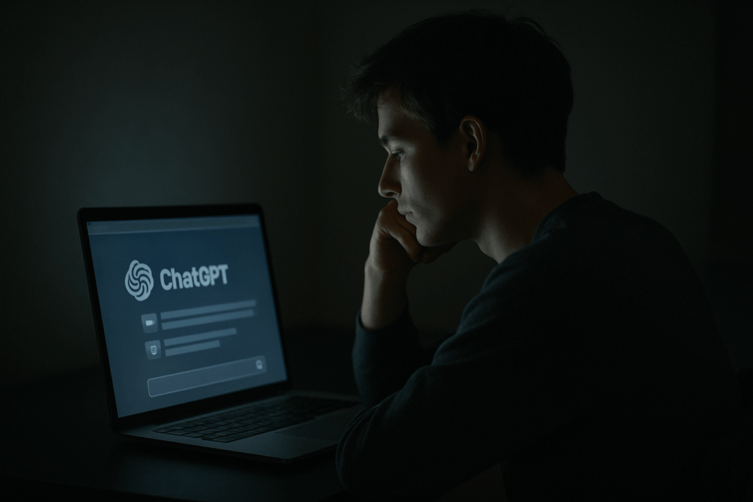 Mężczyzna przed ChatGPT w ciemności. Pomoc w e-uzależnieniach i kryzysie psychicznym – esc123.net.