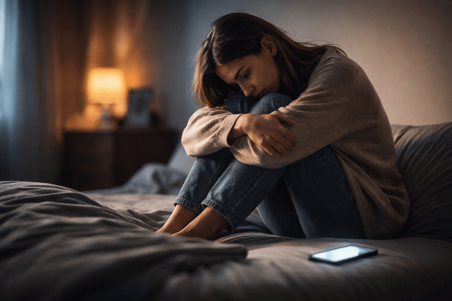 Dorosła kobieta siedząca samotnie na łóżku, emocjonalne odrzucenie w dzieciństwie i ucieczka w telefon jako sposób radzenia sobie z napięciem