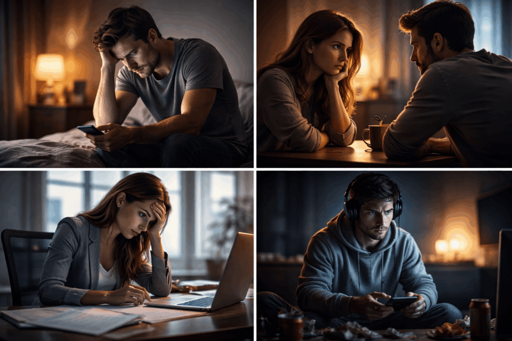 Dorośli zmagający się z napięciem emocjonalnym, trudnościami w relacjach i kompulsywnym korzystaniem z telefonu, gier i internetu