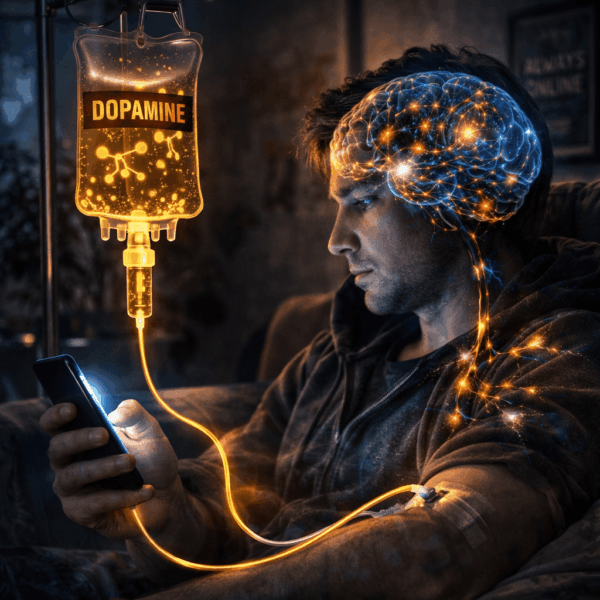 Metafora uzależnienia od smartfona: mężczyzna podłączony do kroplówki z dopaminą płynącą z telefonu.