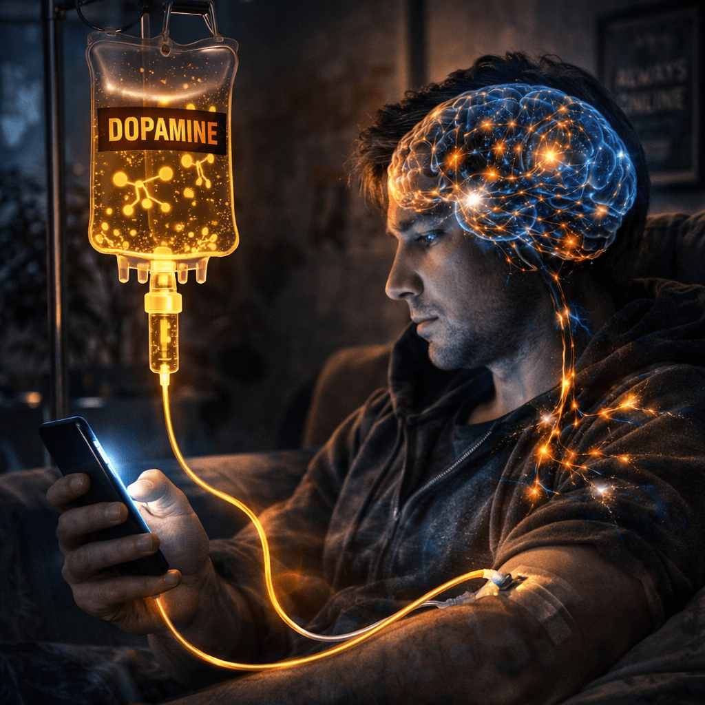 Metafora uzależnienia od smartfona: mężczyzna podłączony do kroplówki z dopaminą płynącą z telefonu.