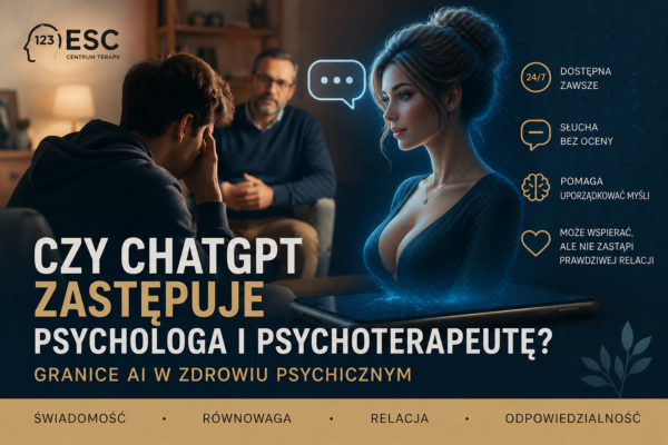 Czy ChatGPT zastępuje psychologa i psychoterapeutę? Mężczyzna na terapii oraz atrakcyjna kobieca postać AI wychodząca ze smartfona. Ilustracja do artykułu o granicach AI w zdrowiu psychicznym