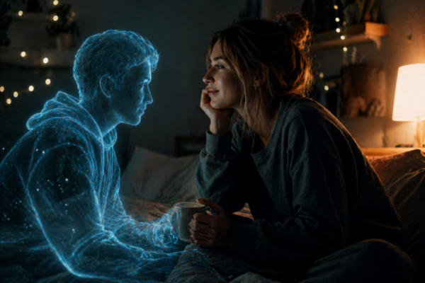 Kobieta buduje emocjonalną relację z chatbotem AI. Fotorealistyczna ilustracja do artykułu o relacji z AI zamiast związku i uzależnieniu od chatbota.