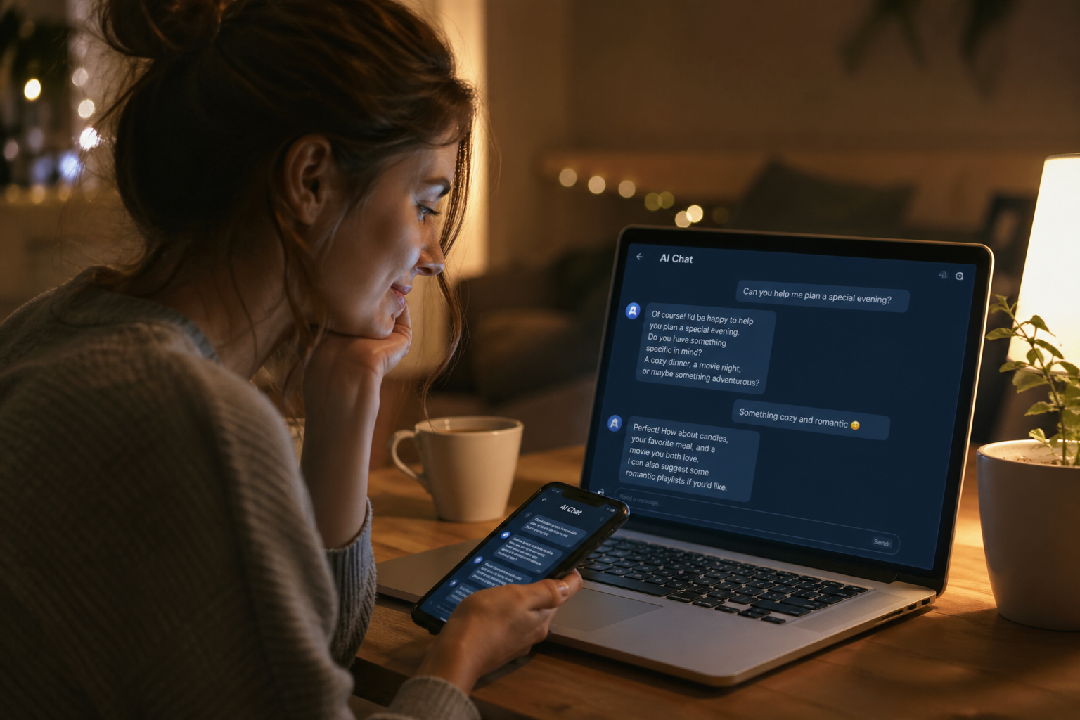 Kobieta nawiązuje emocjonalną relację z chatbotem AI na laptopie. Ilustracja do artykułu o uzależnieniu od ChatGPT i sztucznej inteligencji.