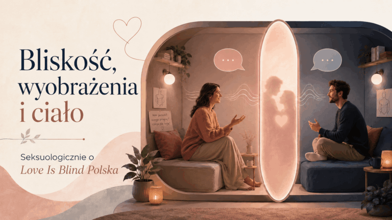 Ilustracja dwóch osób rozmawiających w oddzielnych pokojach inspirowanych Love Is Blind Polska jako symbol bliskości, wyobrażeń i kontaktu bez spotkania twarzą w twarz