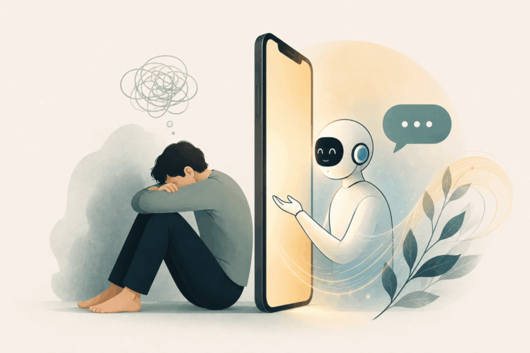 Osoba w kryzysie emocjonalnym rozmawiająca z chatbotem AI przez telefon