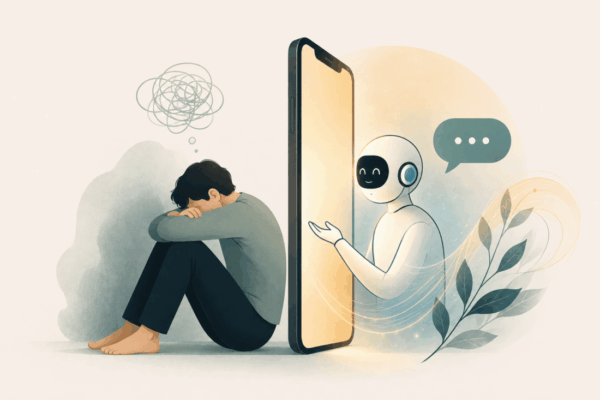 Osoba w kryzysie emocjonalnym rozmawiająca z chatbotem AI przez telefon