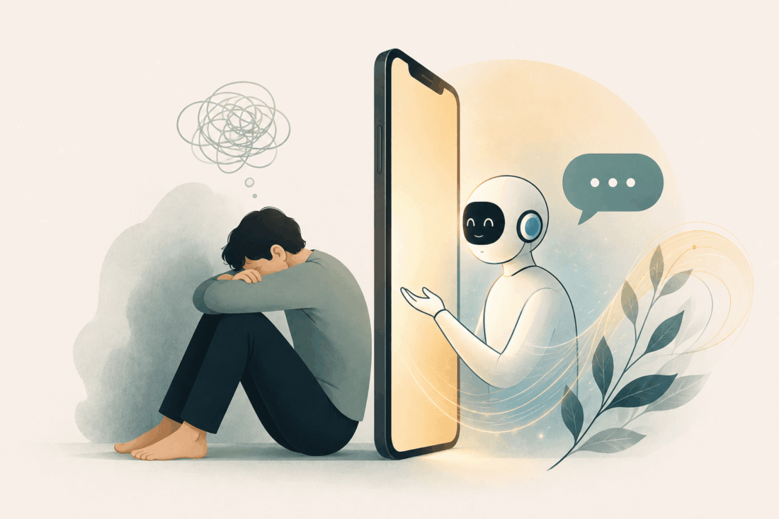 Osoba w kryzysie emocjonalnym rozmawiająca z chatbotem AI przez telefon