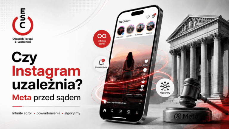 Czy Instagram uzależnia? Grafika ESC o procesie Meta, infinite scroll, powiadomieniach i algorytmach Instagrama.